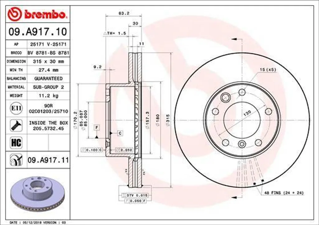 Disque de Frein Anti-Vibration Brembo 09.A917.11 pour Mercedes Classe G