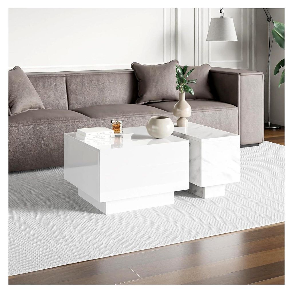 Couchtisch 60x60 cm - Moon - Sofatisch - Wohnzimmertisch - Kaffeetisch mit Stauraum - Kleiner Tisch für Wohnzimmer - Moderner Kaffeetisch (Weiß H...