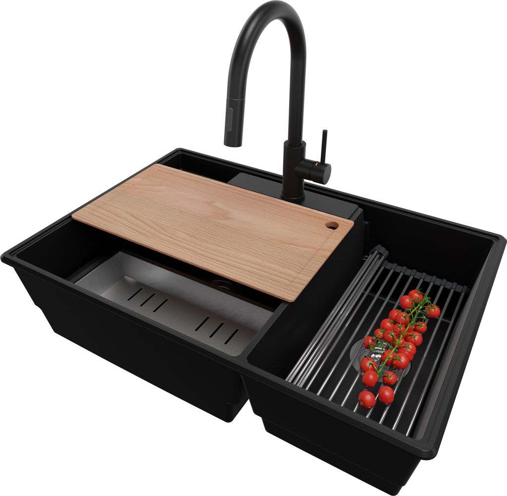 PRIMAGRAN Granitspüle Schwarz 78x53cm, Spülbecken 2 Becken + Küchenarmatur 40x20cm + Ablauf-Set + Küchenzubehörset, Küchenspüle ab 80er Unte...