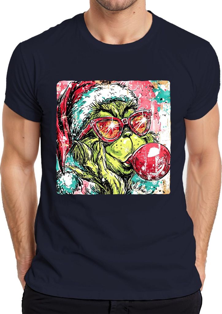 Grinch Weihnachten Santa Hat Sonnenbrille Kaugummi Pop Art Kpop Herren T-Shirt, Navy, S