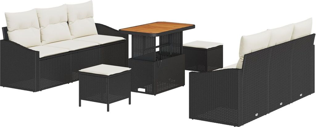 Möbel 9-teiliges Garten Sofa Set mit Kissen aus schwarzem Poly-Rattan Akazie, 2-Sitzer Garten Sofa mit Kissen aus schwarzem Poly-Rattan, 3-teilige...