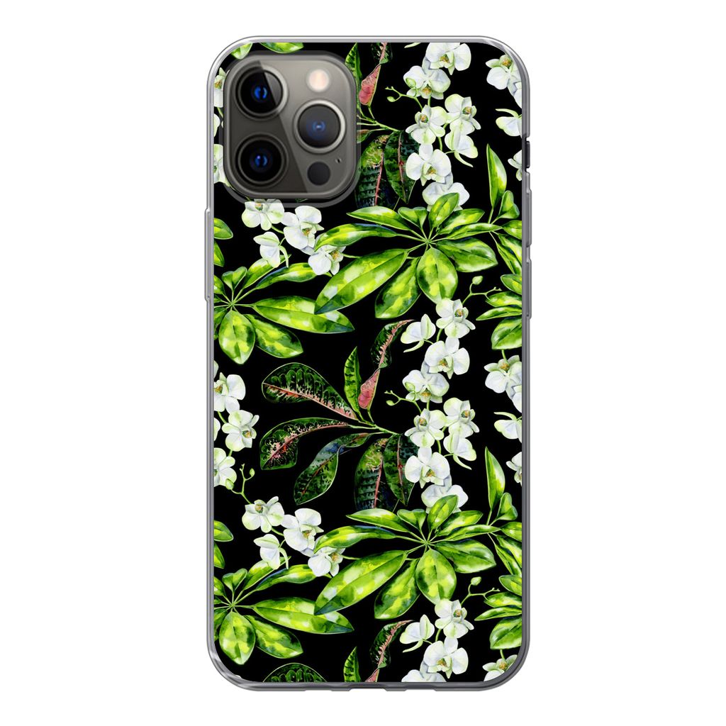 MuchoWow Handyhülle Schutzhülle Hülle für iPhone 12 Pro Blatt - Orchidee - Muster Silikon Softcase Handy Hülle - Abdeckung