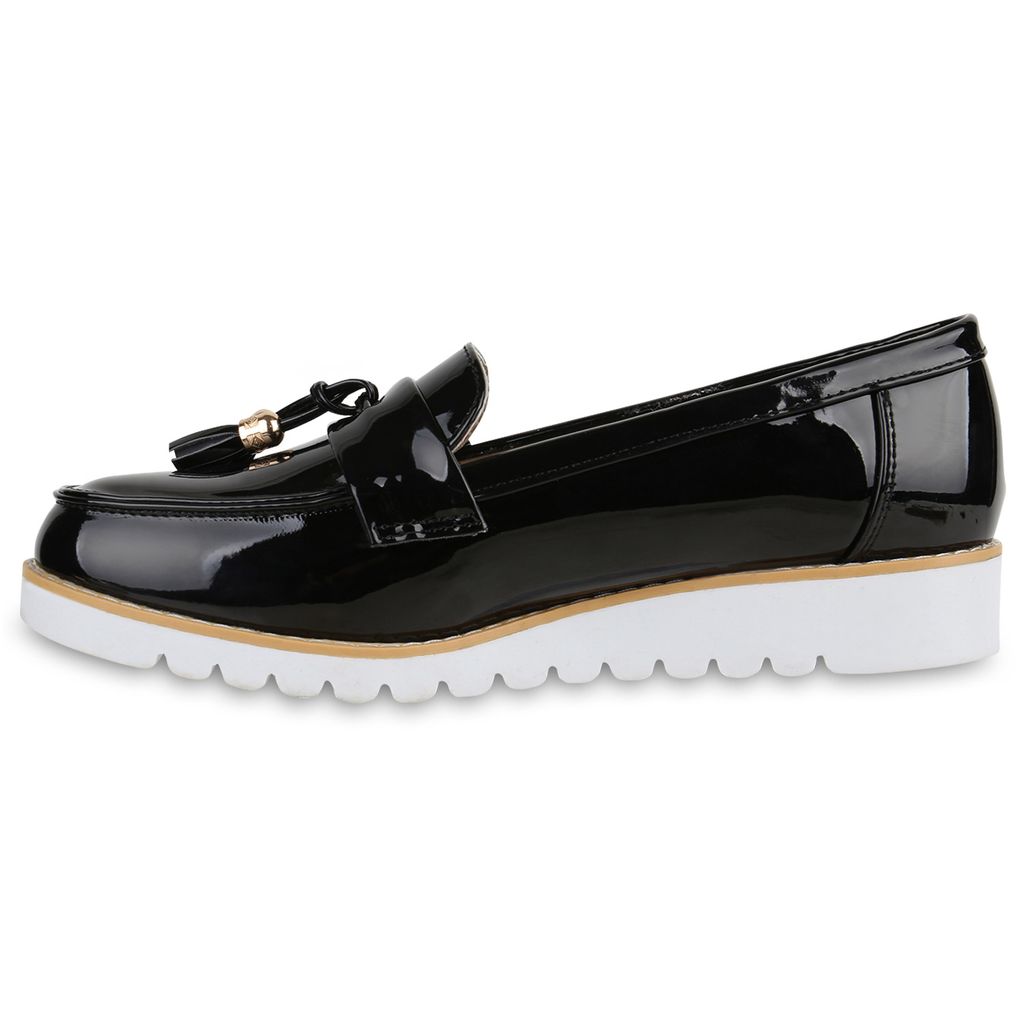 Damen Tassel Loafers Metallic Lack Slipper Schuhe Profilsohle 815925 Trendy