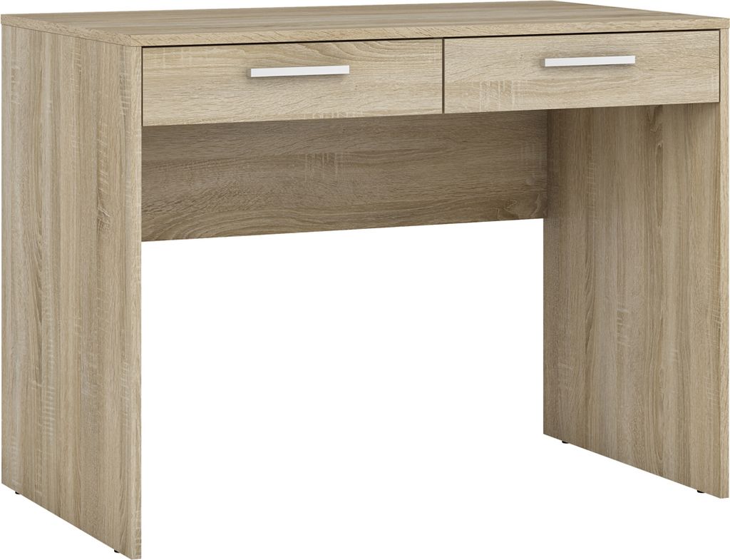 A light brown wooden desk with two drawers and silver handles, shown against a white background.
