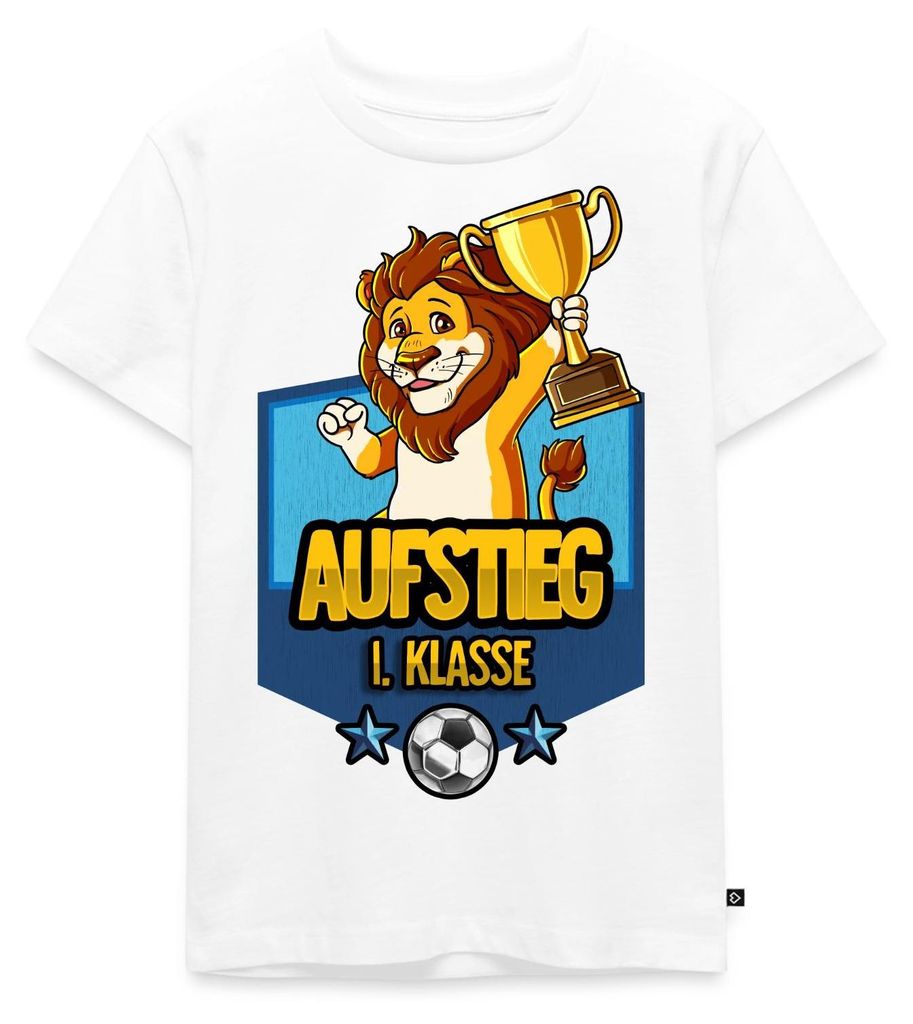Spreadshirt Aufstieg 1. Klasse Schulanfang Fußball Löwe Kinder Premium T-Shirt, 110/116 (4 Jahre), Weiß