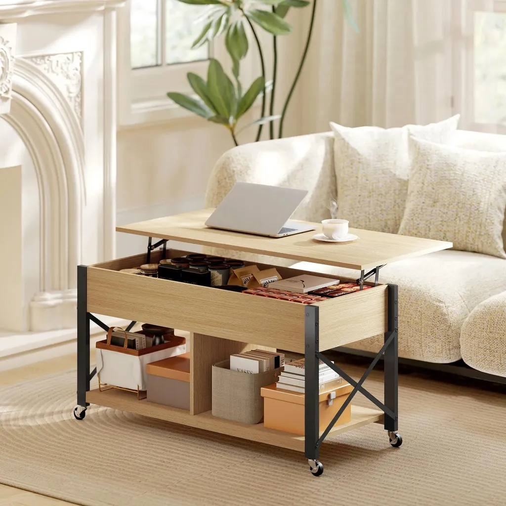 Table basse relevable bois et blanc 105x50x67 cm avec compartiment caché - 2