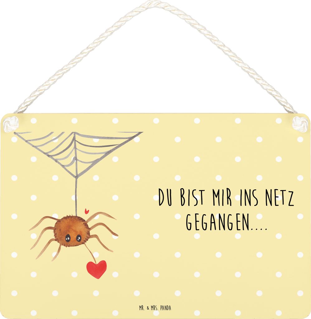 Mr. & Mrs. Panda Schild Spinne Agathe Liebe DIN A5 - Gelb Pastell - Geschenk, Liebesgeschenk, Wandbild Holz, kleine aufmerksamkeit, Türschild, spr...