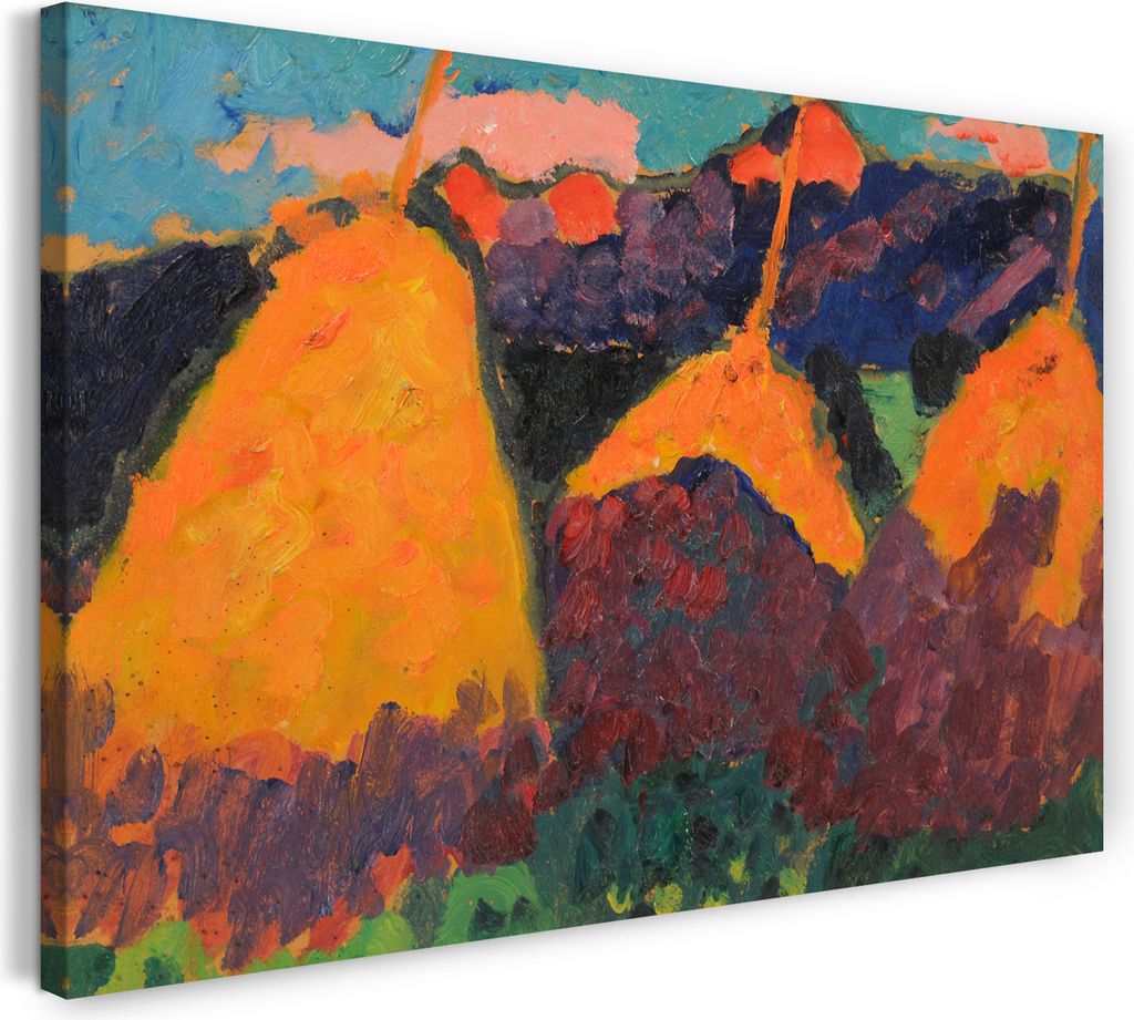 Leinwandbild (100x70cm): Alexej von Jawlensky - Murnauer Landschaft mit drei Heuhocken, echter Holz-Keilrahmen inkl. Aufhänger, handgefertigt in D...