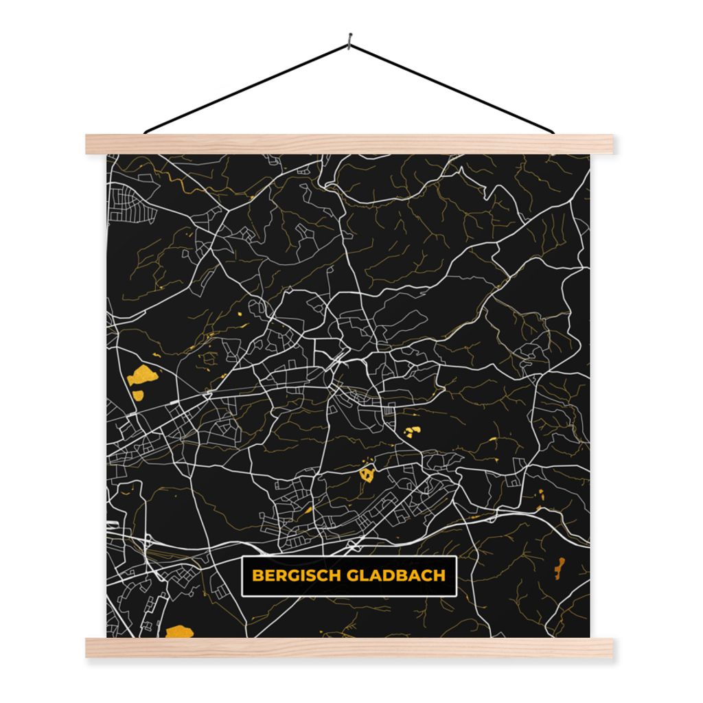 MuchoWow Textilposter Bergisch Gladbach - Gold - Karte - Stadtplan - Deutschland 120x120 cm mit holzfarbenen Rahmen - Textil-Poster