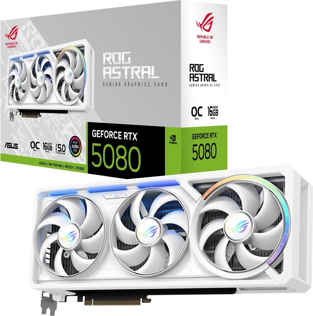 ASUS ROG Astral GeForce RTX 5080 16GB GDDR7 White OC Edition Gaming Quad-Lüfter-Grafikkarte
