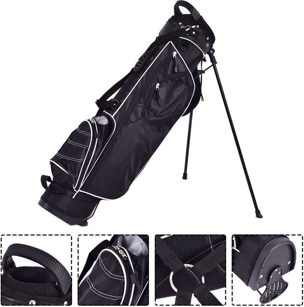 COSTWAY Golf Stand Bag mit Standfüßen, Regenhaube & 4-facher Unterteilung, tragbare Pencil Bag mit Kopfteil & Tragegurt (Schwarz)