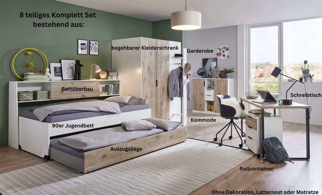 Jugendzimmer Norderney von Wimex 8 teiliges Komplett Set in Weiß- Viking Oak mit begehbarem Kleiderschrank - Kinderzimmer Möbel Teenagerz