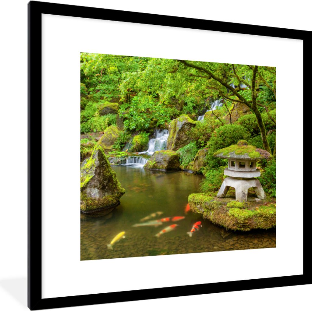 MuchoWow Gerahmtes Poster Wasserfall - Koi - Japanische Laterne - Moos - Wasser 40x40 cm - Poster mit Schwarzem Bilderrahmen Wandposter Rahmen Fo...