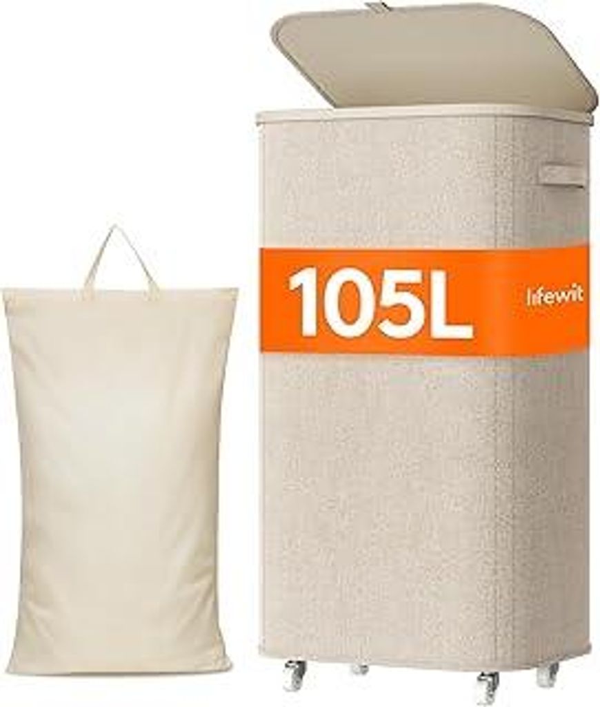 Lifewit Wäschekorb mit Deckel auf Rädern, 105L Wäschesammler mit Kunststoffrahmen, faltbarer großer Wäschesortierer, Wäschebox Laundry Basket...