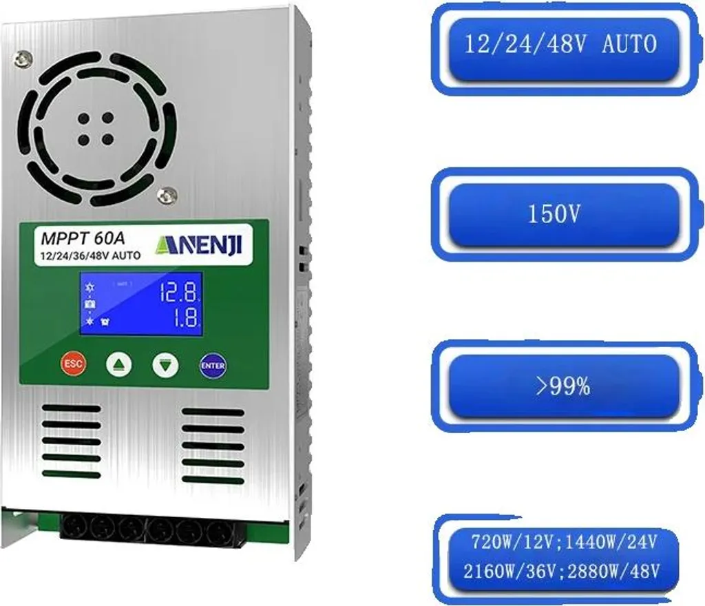 Contrôleur de charge solaire MPPT 60A avec réglage automatique 12V 24V