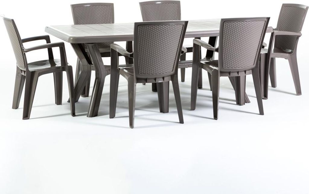 Outdoor-Essset mit rechteckigem Tisch 200x95 cm und 6 stapelbaren Stühlen aus Harz – modernes Design mit Rattanoptik, ideal für Garten, Terrass...
