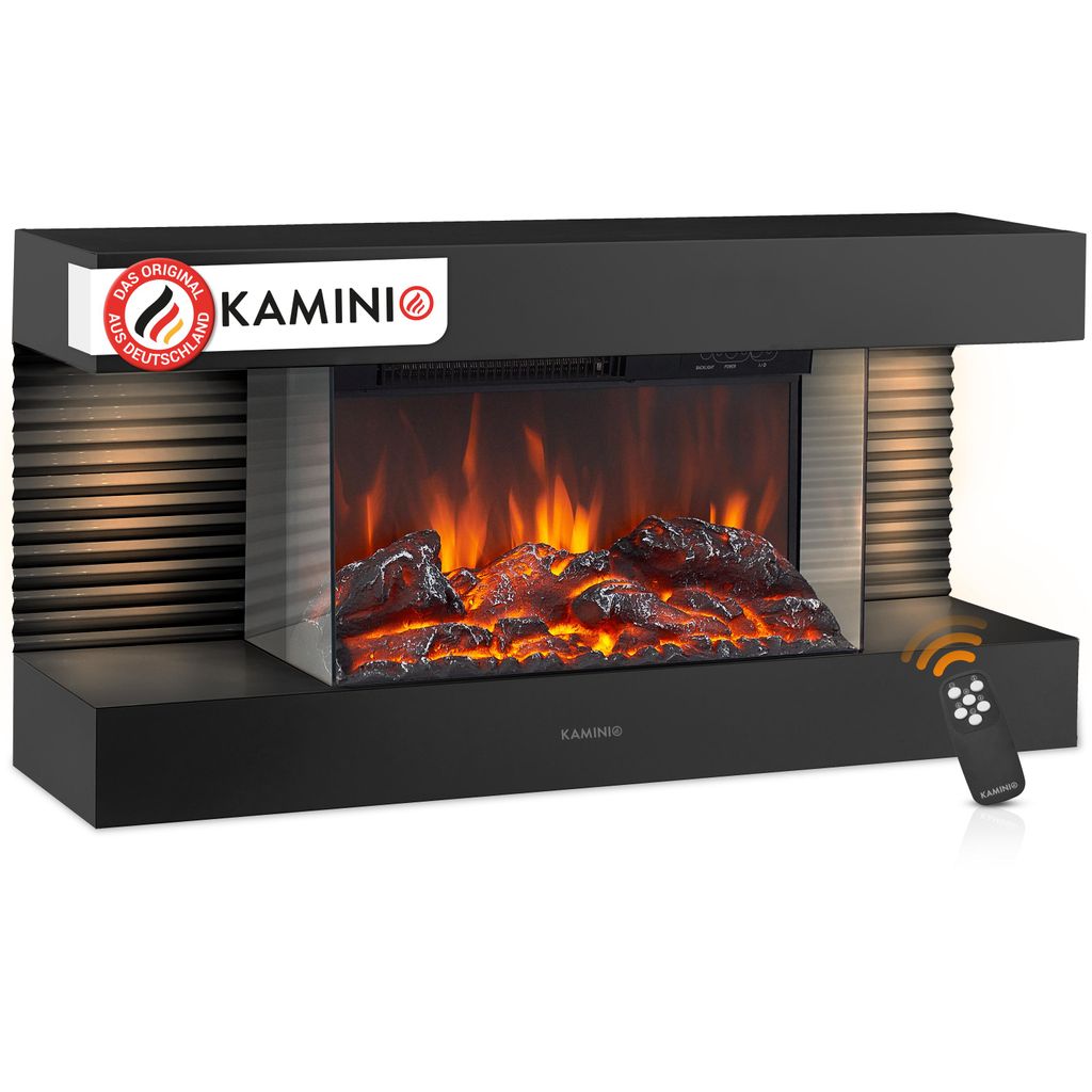 KAMINIO Elektrokamin LIZ - Elektrischer Wandkamin mit Heizung, 3D-Flammeneffekt, LED-Ambientelicht, Fernbedienung - Schwarz