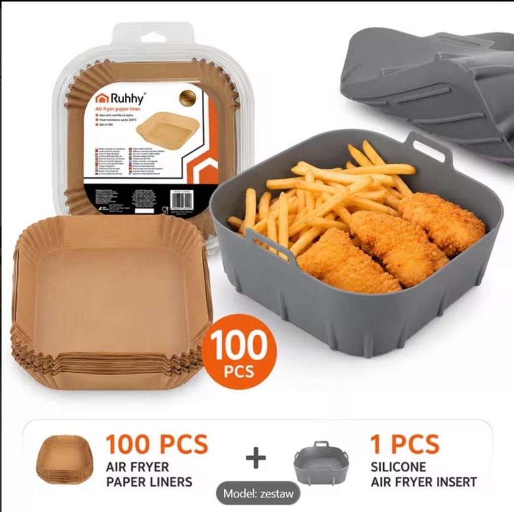 Ruhhy Set fuer Heissluftfritteuse Air Fryer Silikoneinsatz + 100 Papier-Einlagen | Kuechenzubehoer
