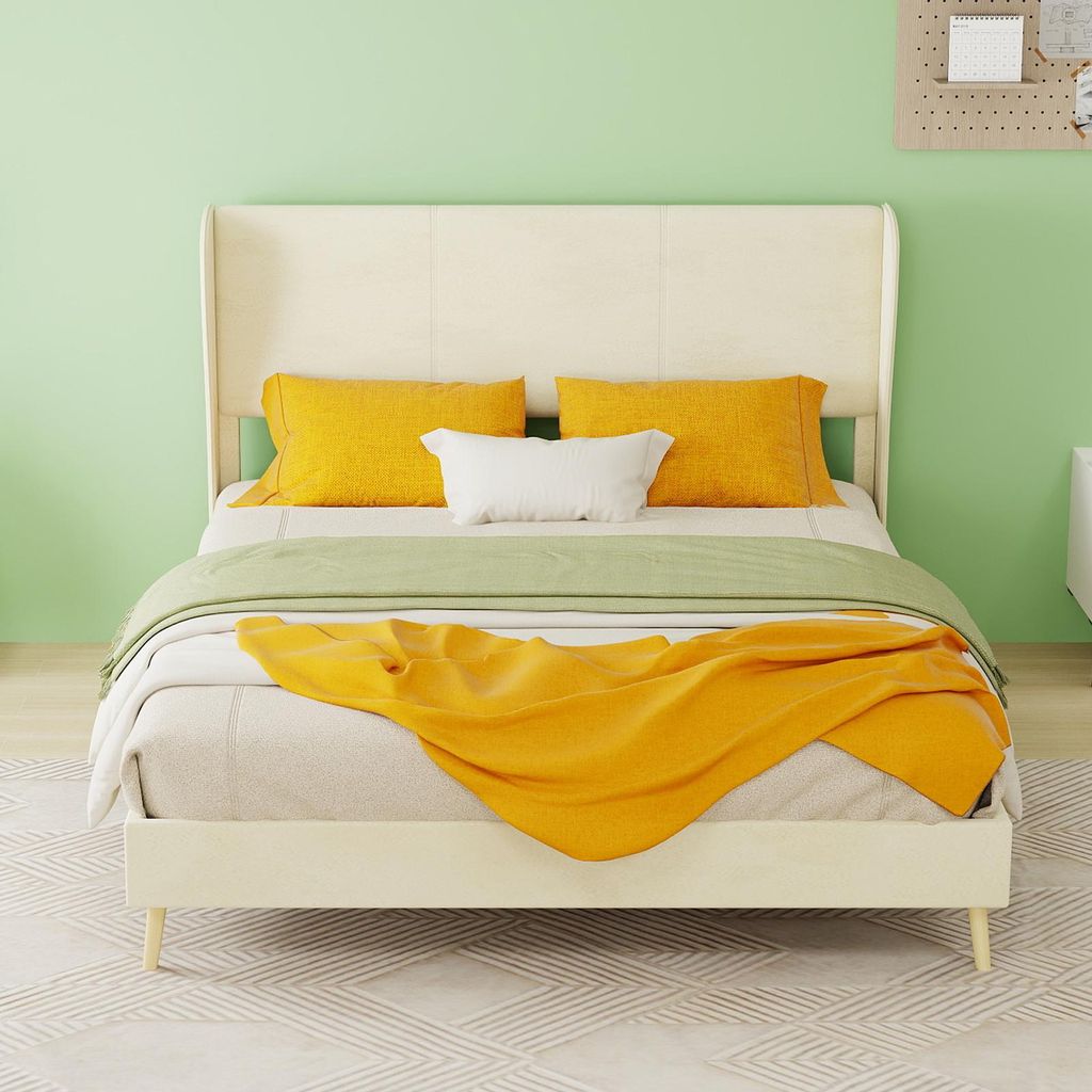 Polsterbett, 140x200, Beige, Samtbett, Holland Samt, Bettgestell, Doppelbett, Modernes Bett, Minimalistisches Design, Stoffbett, Schlafzimmermöbel...