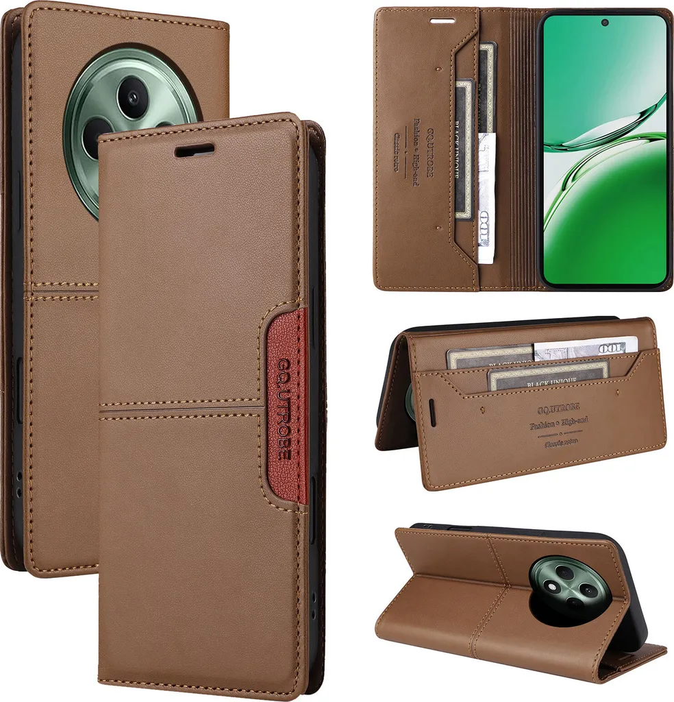 Custodia Elegante per Oppo Reno12F 5G: Portafoglio in Pelle Marrone