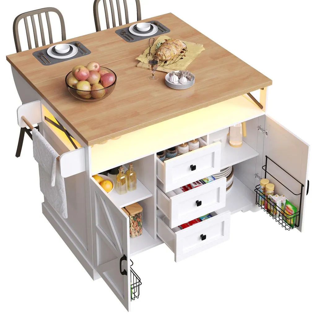 Îlot de cuisine moderne LED blanc avec table rabattable et rangements - 9