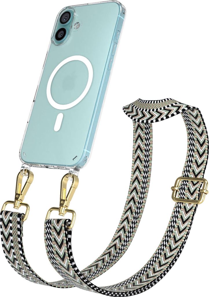 EAZY CASE - Handykette mit MagSafe Hülle für Apple iPhone 16 Plus, Handyband ZigZag Style,Karabiner Gold, Umhängeband in Grün