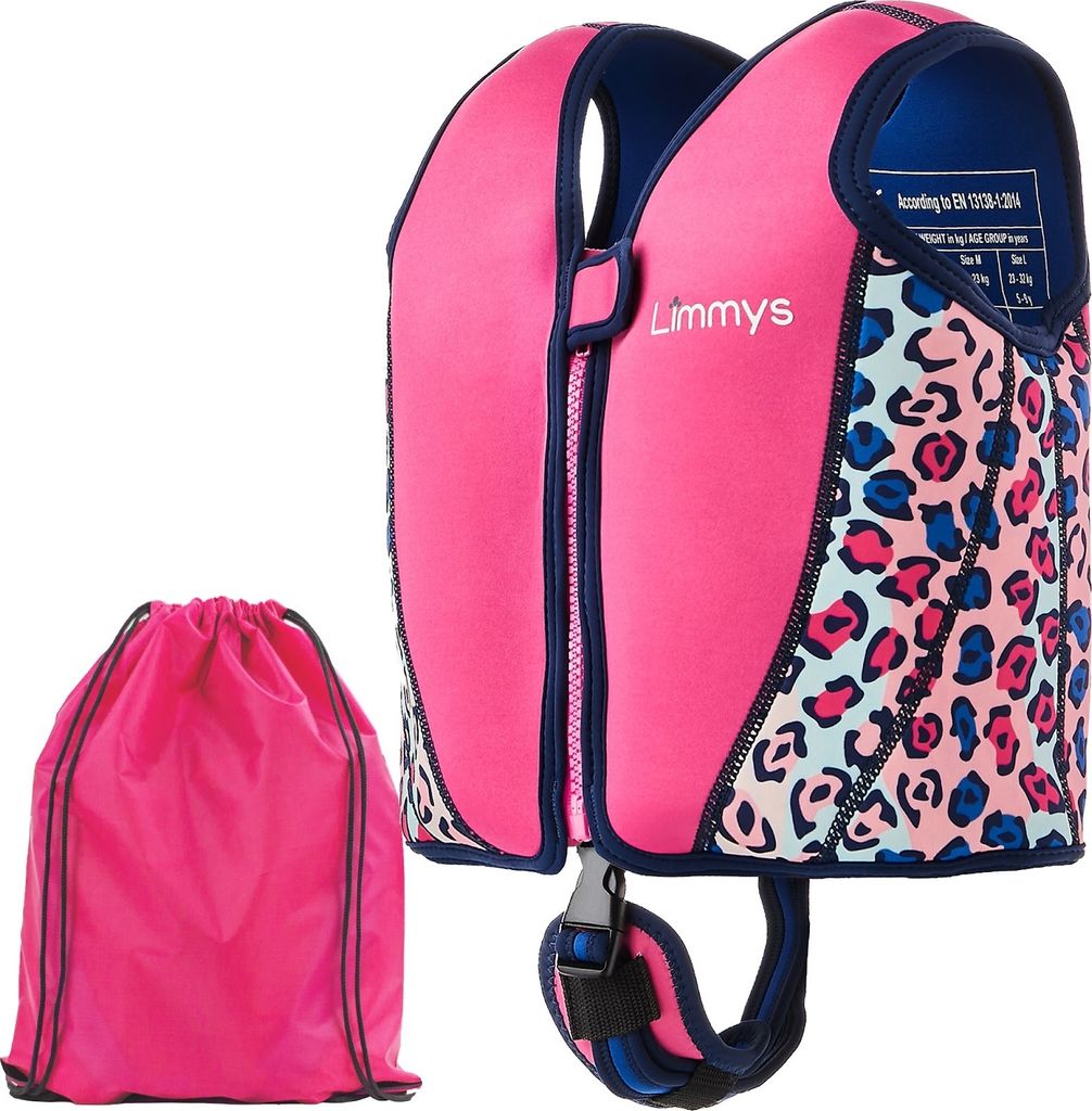 Limmys Schwimmweste für Kinder - Schwimmweste mit einstellbarem Auftrieb - Sichere und bequeme Schwimmweste - Rosa Leopard - L (5 bis 9 Jahre)