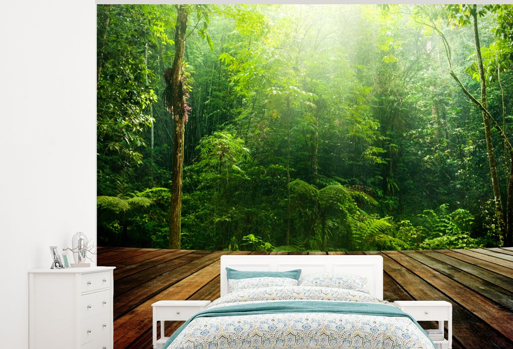 MuchoWow Fototapete für Wohnzimmer oder Schlafzimmer Wandtapete Vinyl Motivtapete Boden - Holz - Dschungel - Jungen - Mädchen - Kinder - Kind -...
