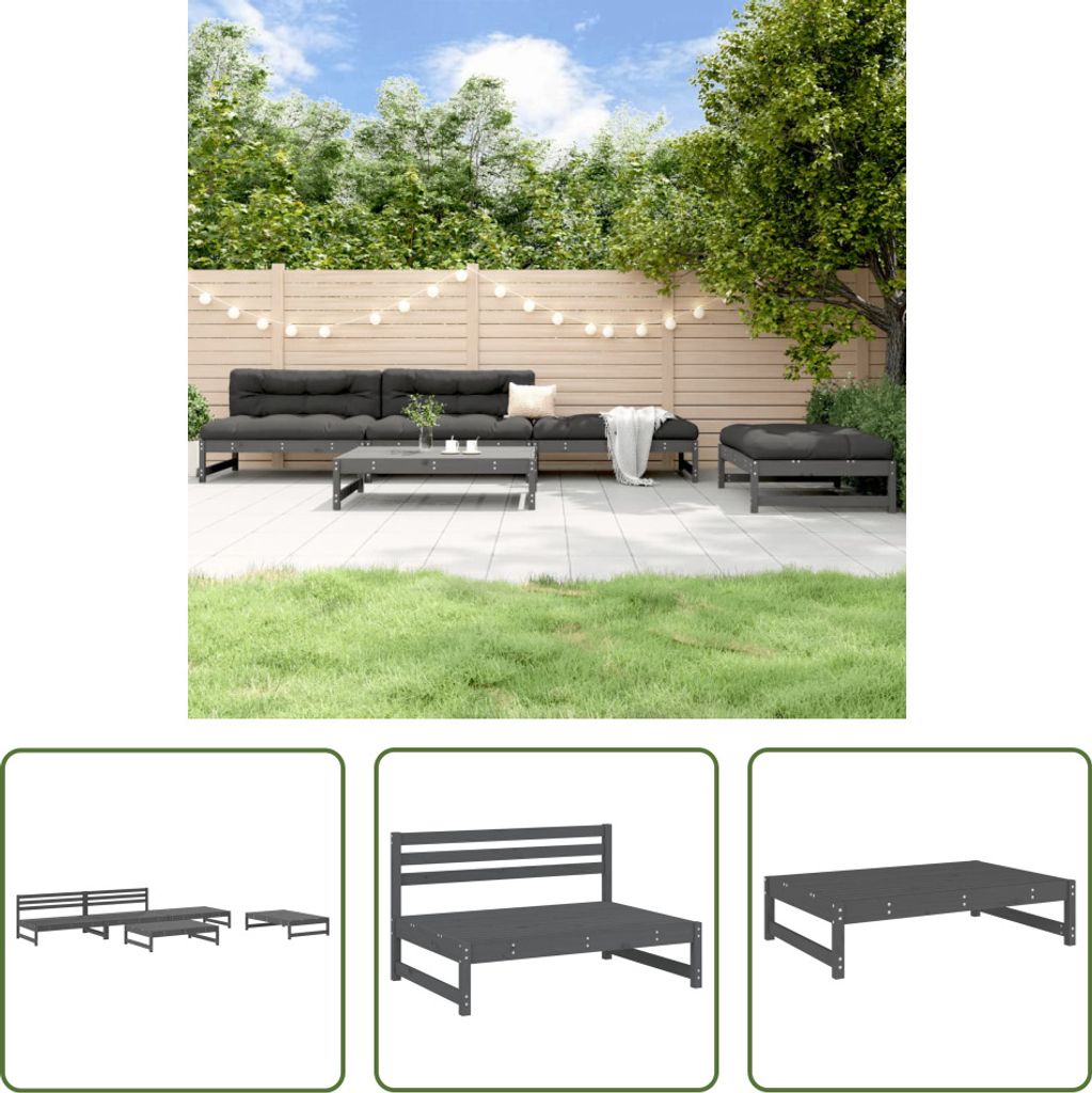 The Living Store 5-tlg. Garten-Lounge-Set Grau Massivholz Kiefer