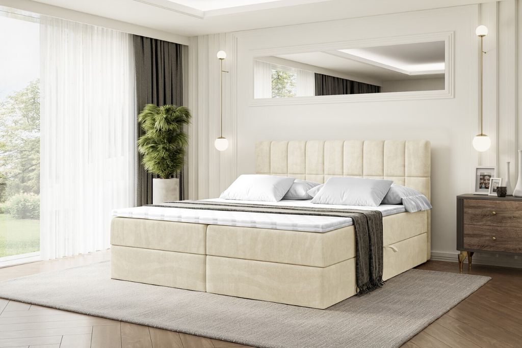 ALTDECOR Boxspringbett mit H3 Matratze und Topper - 180 x 200 cm - MIAMI - Beige Samt - Polsterbett mit Bettkasten und Lattenrost, Bett mit Stauraum