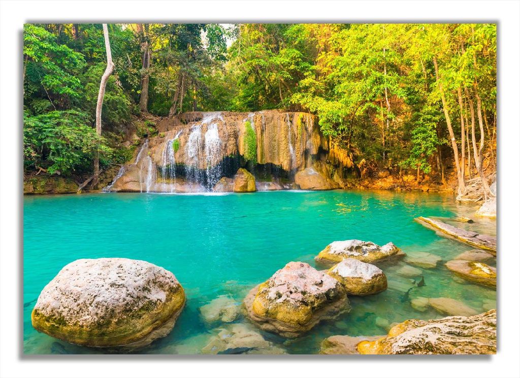 Wallario Premium Glasbild, freischwebende Optik, kräftige Farben, Größe 100 x 70 cm Motiv Paradiesischer Wasserfall