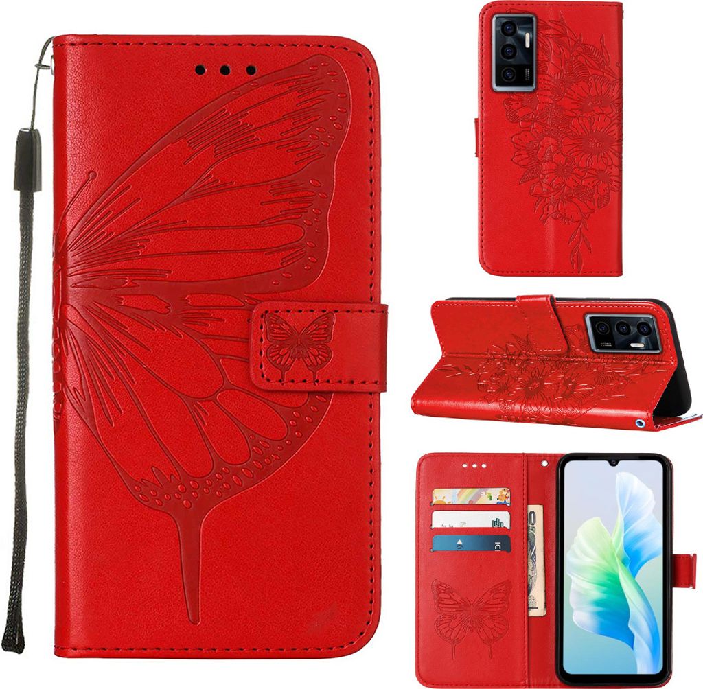 VIVO S10E 5G Hülle, Schmetterling Prägung Flip Leder Kartenfächer Schutzhülle Ledertasche mit Ständer für VIVO S10E 5G / V23E 4 5G / Y75 4G Rot