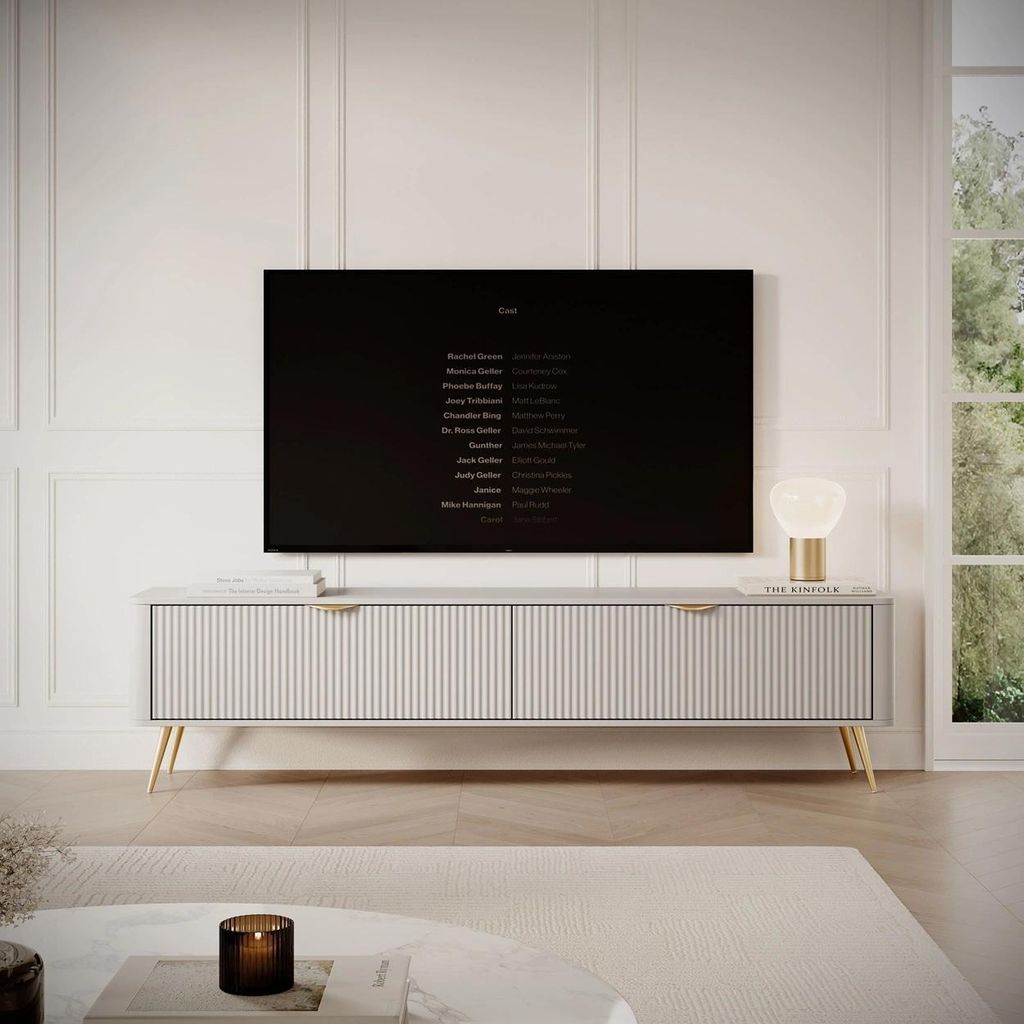 TV Schrank Lisse – Beige mit Rillenfronten, Goldgriffen & Metallfüßen