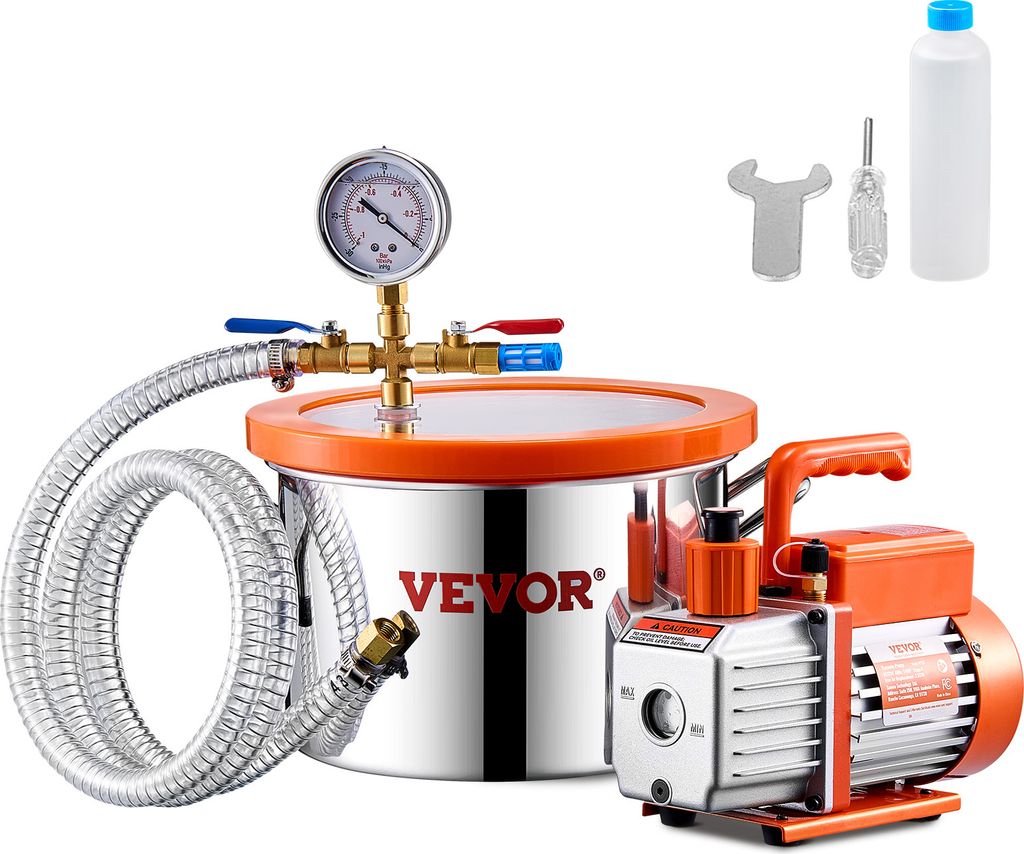 A vacuum chamber and pump set with accessories, displayed on a white background.