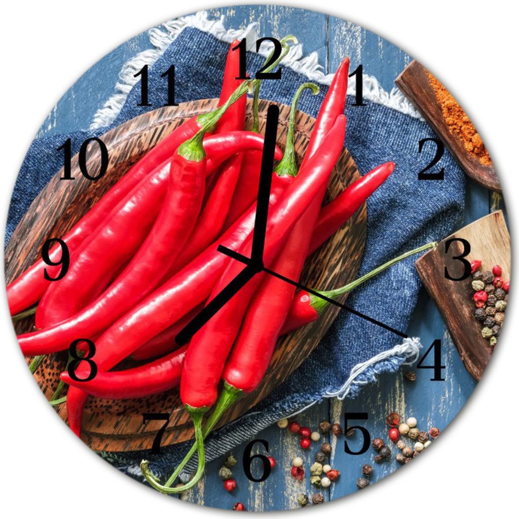 Glasuhr Wanduhr Küchenuhr Echt-Glas 30fi cm Chili Pfeffer rot