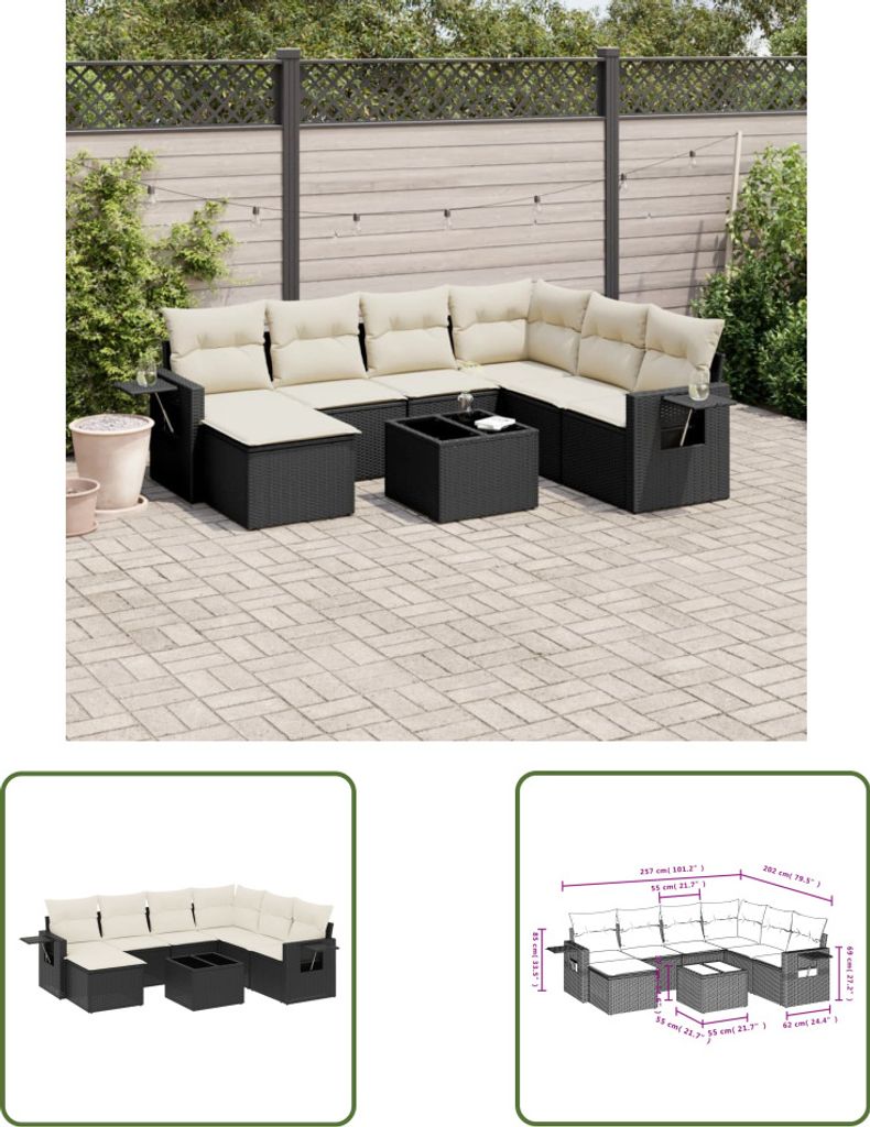 The Living Store 8-tlg. Garten-Sofagarnitur mit Kissen Schwarz Poly Rattan