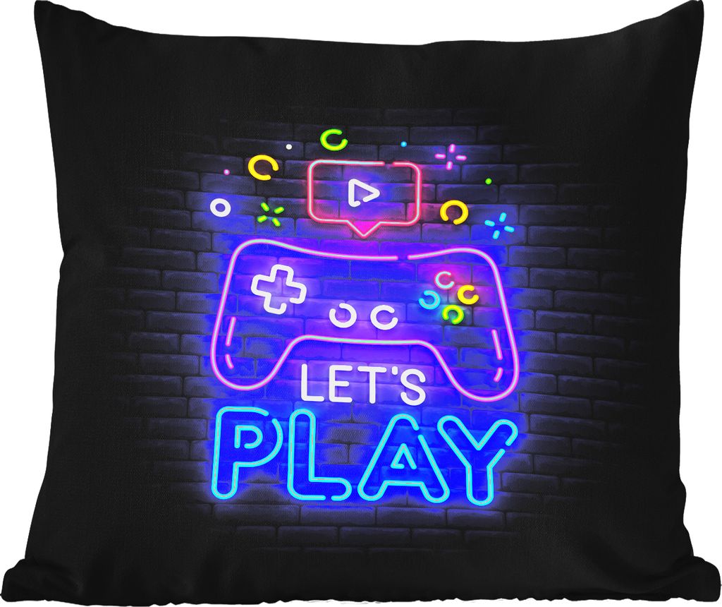 MuchoWow Outdoor Kissen - Spiele - Neon - Let's Play - Controller - Zitate - 45x45 cm - Wetterfest - Lounge Kissen - Fotokissen - Dekoratives Kissen