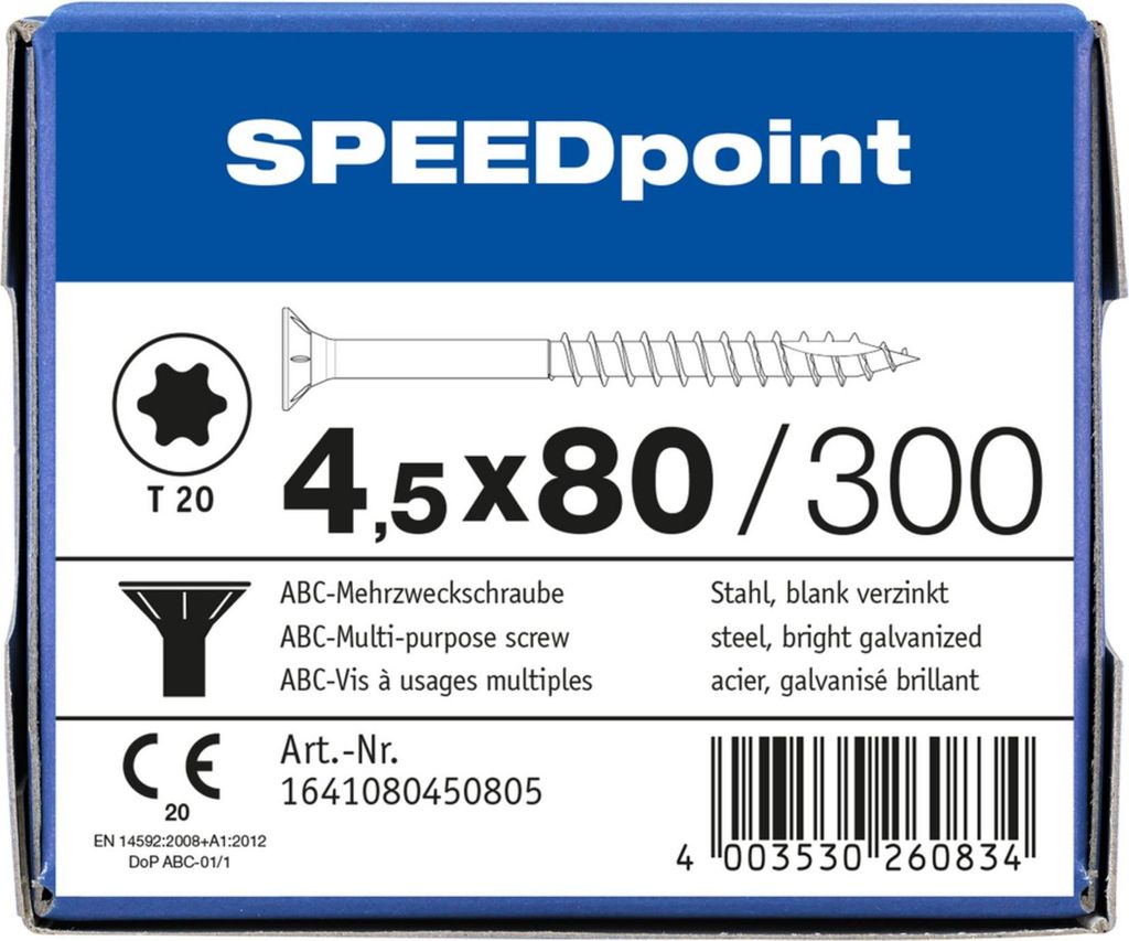 ABC SPEEDpoint Senkkopf T20 Teilgewinde Schabenut A2J 4,5x80mm (300)