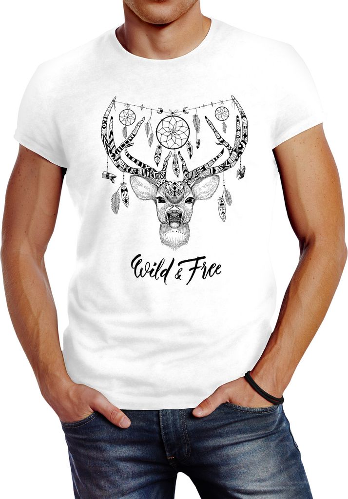 Herren T-Shirt Hirsch Geweih Traumfänger Atzekenmuster Boho Ethno Neverless weiß S