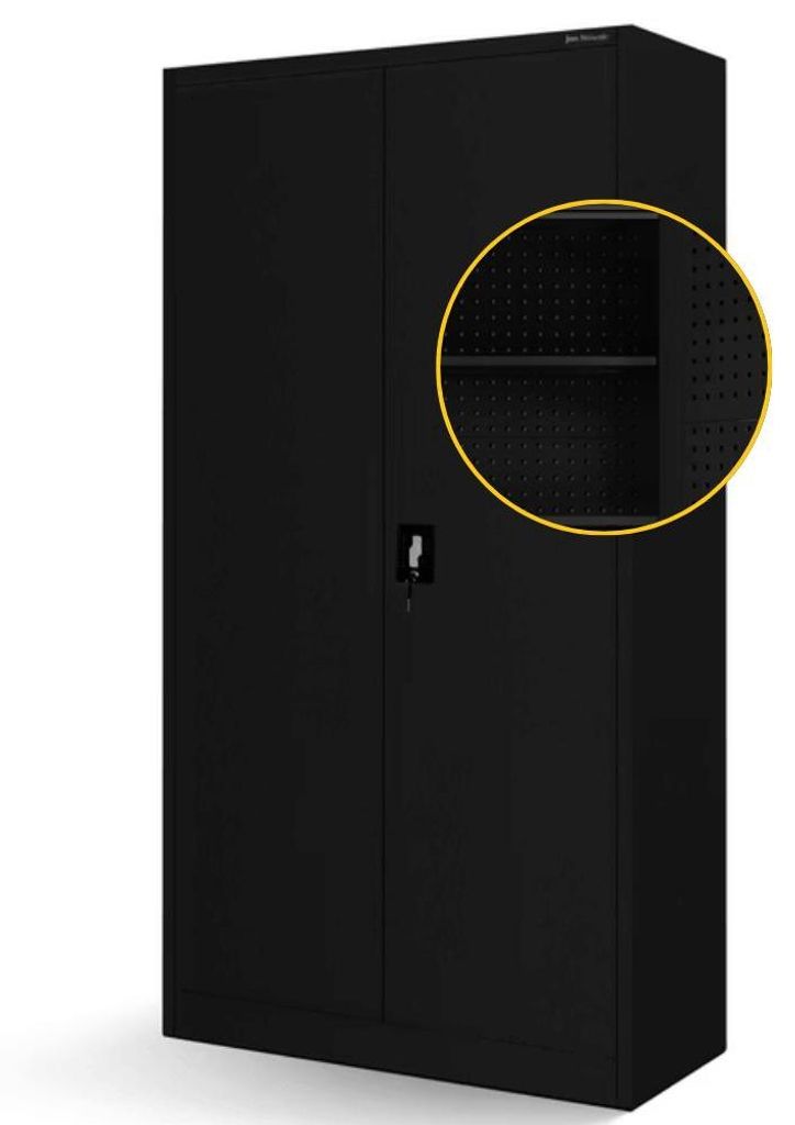 Werkzeugschrank mit Lochwand BRUNO 5 Ebenen Abschließbar | Metallschrank mit Werkzeugwand Werkstattschrank Perforierte Rückwand 185x92x50cm Schwarz