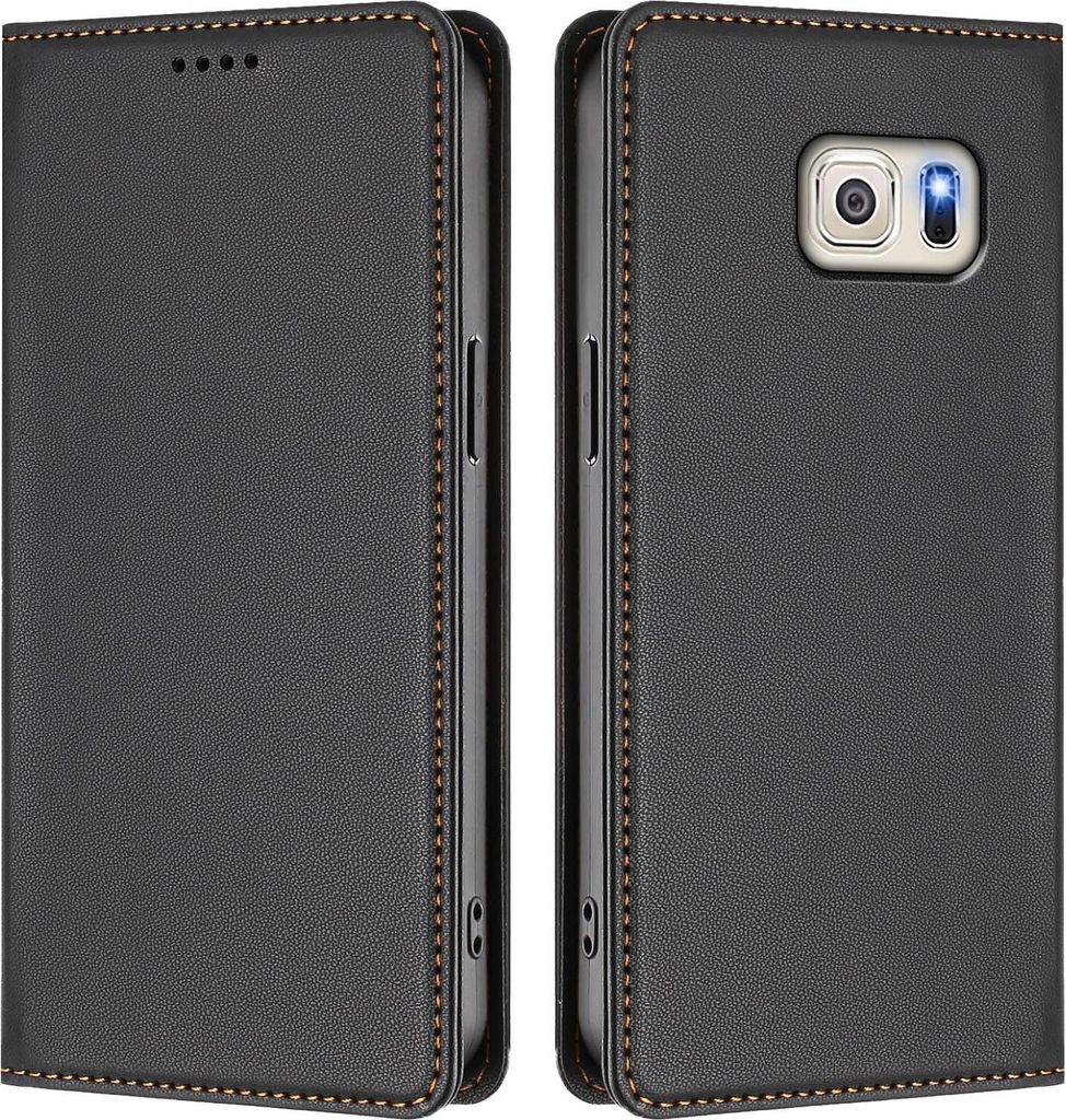 Handyhülle für Samsung Galaxy S6 Edge, Kunstleder Klapphülle Stoßfeste Magnetische Hülle mit Ständer Schwarz