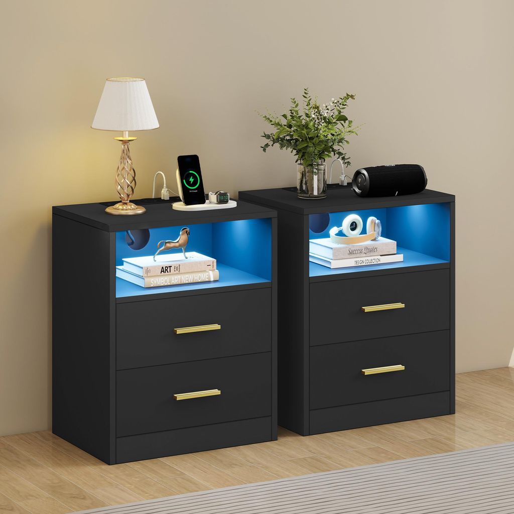 VASAGLE Beistelltisch mit Schubladen, 2er Set, Nachttisch aus Holz, Schlafzimmer, Massivholzbeine, schwarz