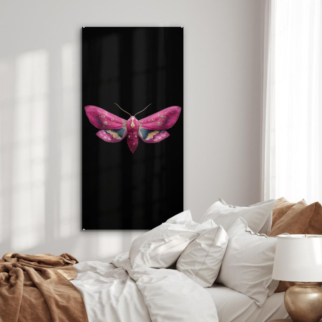 MuchoWow Glasbilder - Bilder auf Wandbild - Foto auf Glas Schmetterling - Rosa - Motte 60x120 cm Wanddekoration aus Glas - Acrylglasbild - Acrylbil...
