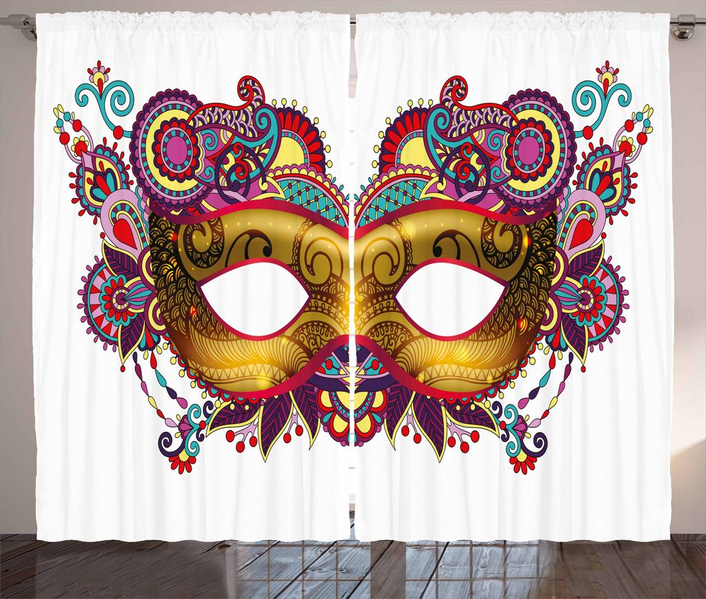 ABAKUHAUS Karneval Rustikaler Vorhang, Aufwändige gelbe Maske, Wohnzimmer Universalband Gardinen mit Schlaufen und Haken, 280 x 175 cm, Mehrfarbig