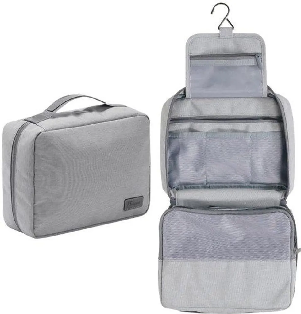 Trousse de toilette grise à suspendre avec compartiments multiples