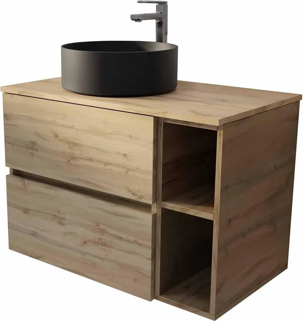 Meuble vasque noire 80cm TIMBER aspect Chêne avec double tiroir coulissant