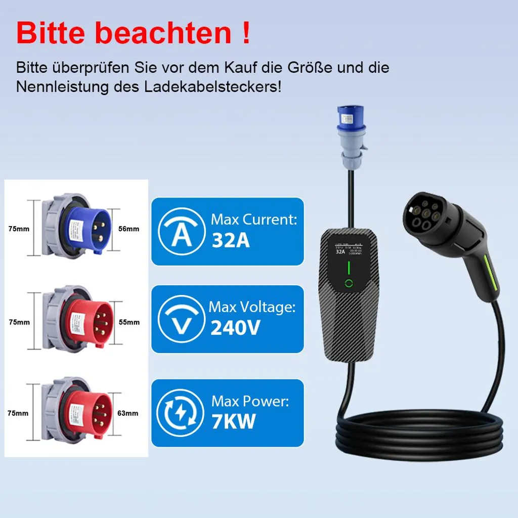 Chargeur Type 2 intensité réglable 7kW avec câble 8M noir flexible - 3
