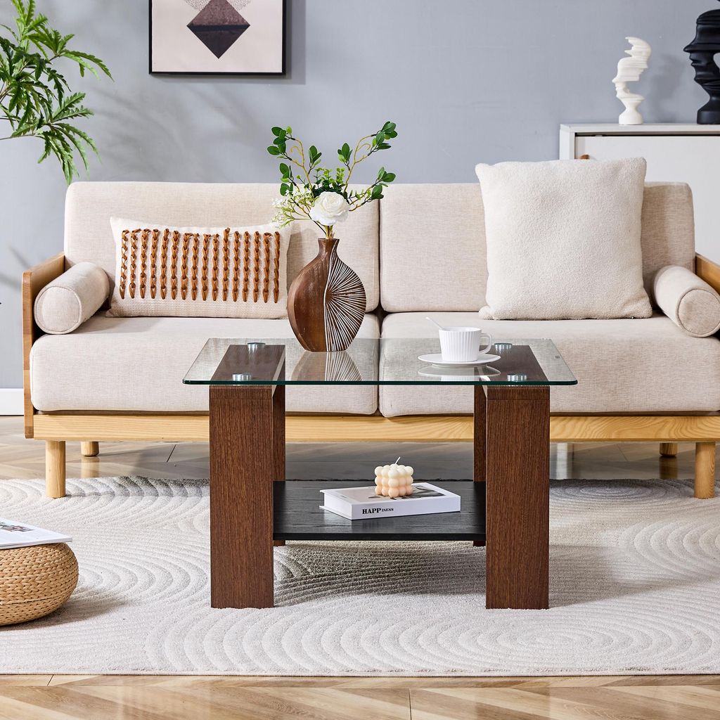 Moderner Couchtisch mit Stauraum – 75×75×45,5 cm, Hartglasplatte und Walnussholz-Beine, eleganter Wohnzimmertisch mit Ablagefach, ideal für Ho...