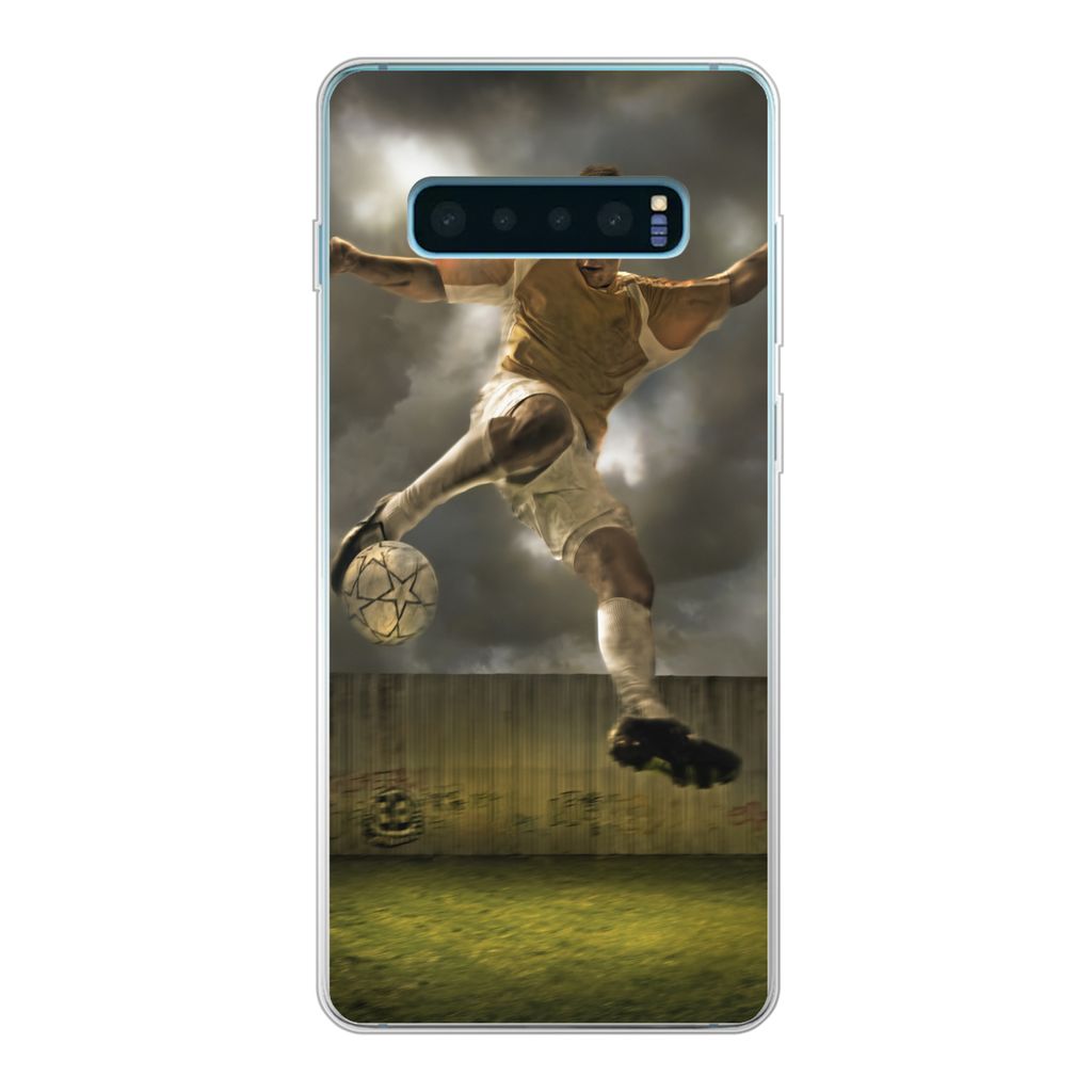 MuchoWow Handyhülle Schutzhülle Hülle für Samsung Galaxy S10 Lite Eine Illustration eines Fußballspielers, der den Ball schießt - Jungen - ...