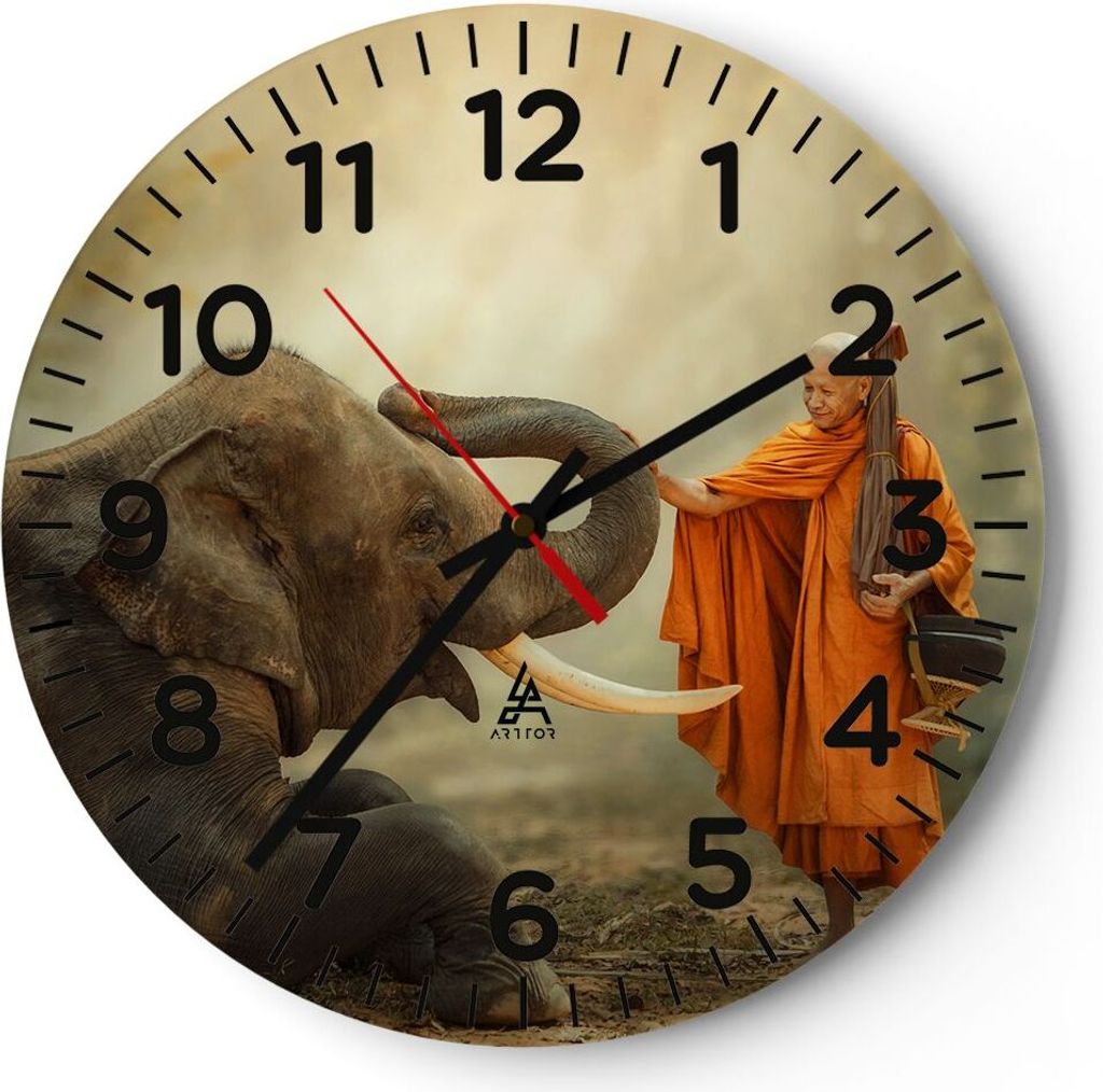 Wanduhr - Rund - Glasuhr - Elefant Mönch Stoßzahn - 30x30cm - Schleichendes Uhrwerk - Lautlos - zum Aufhängen bereit - Dekoration Modern - Wandd...